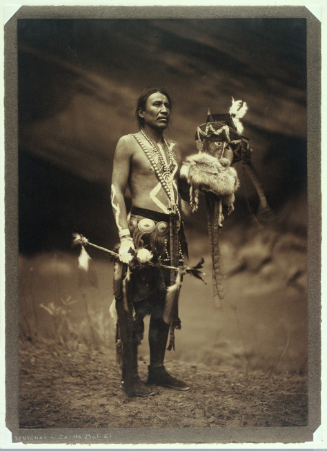 L0033500 A Navajo man in ceremonial dress representing the Yebichai g Credit: Wellcome Library, London. Wellcome Images images@wellcome.ac.uk http://wellcomeimages.org A Navajo man in ceremonial dress representing the Yebichai god Zahabolzi (Zahadolzha?). Photograph by Edward S. Curtis, 1904. Silver gelatine print 1904 By: Edward S. CurtisPublished: 1904. Copyrighted work available under Creative Commons Attribution only licence CC BY 4.0 http://creativecommons.org/licenses/by/4.0/